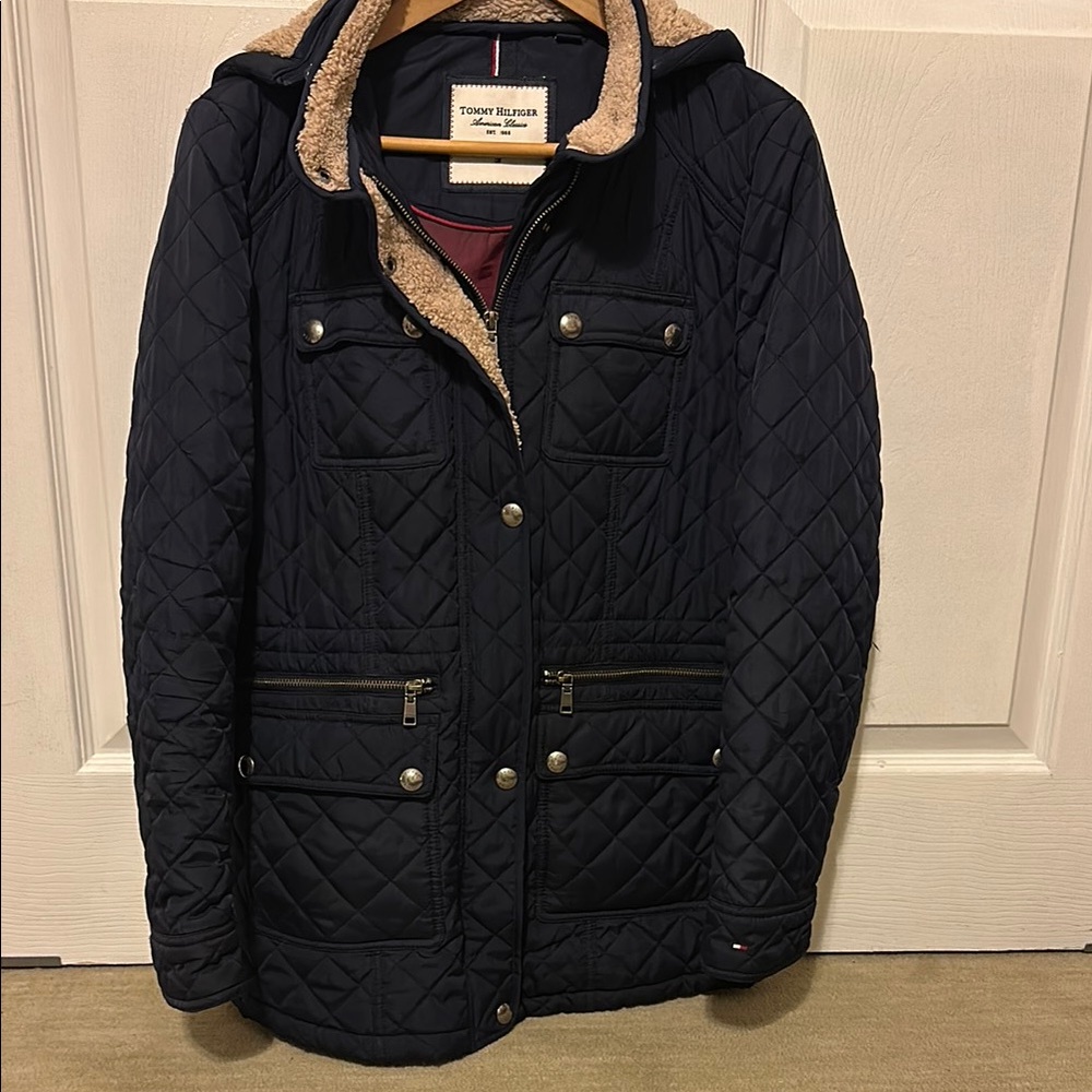 Tommy Hilfiger Blue Quilted Jacket with removable fleece-lined hood.
